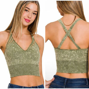 Zenana Washed Crisscross Back Seamless Cropped Tank Top Olive Green L/XL NWOT